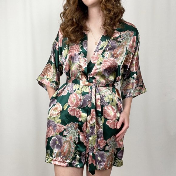 Vintage Made In The USA Silky Kimono Robe Duster Long Jacket Coat Floral Belted - Picture 3 of 7